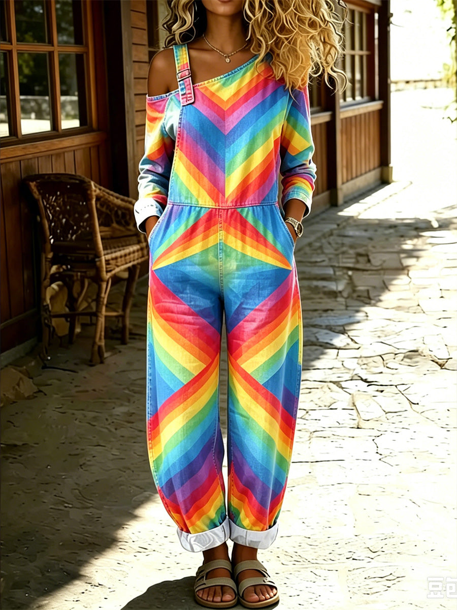 Women's Retro Pride Month Rainbow Art Print Washed Cotton Denim Patchwork Jumpsuit